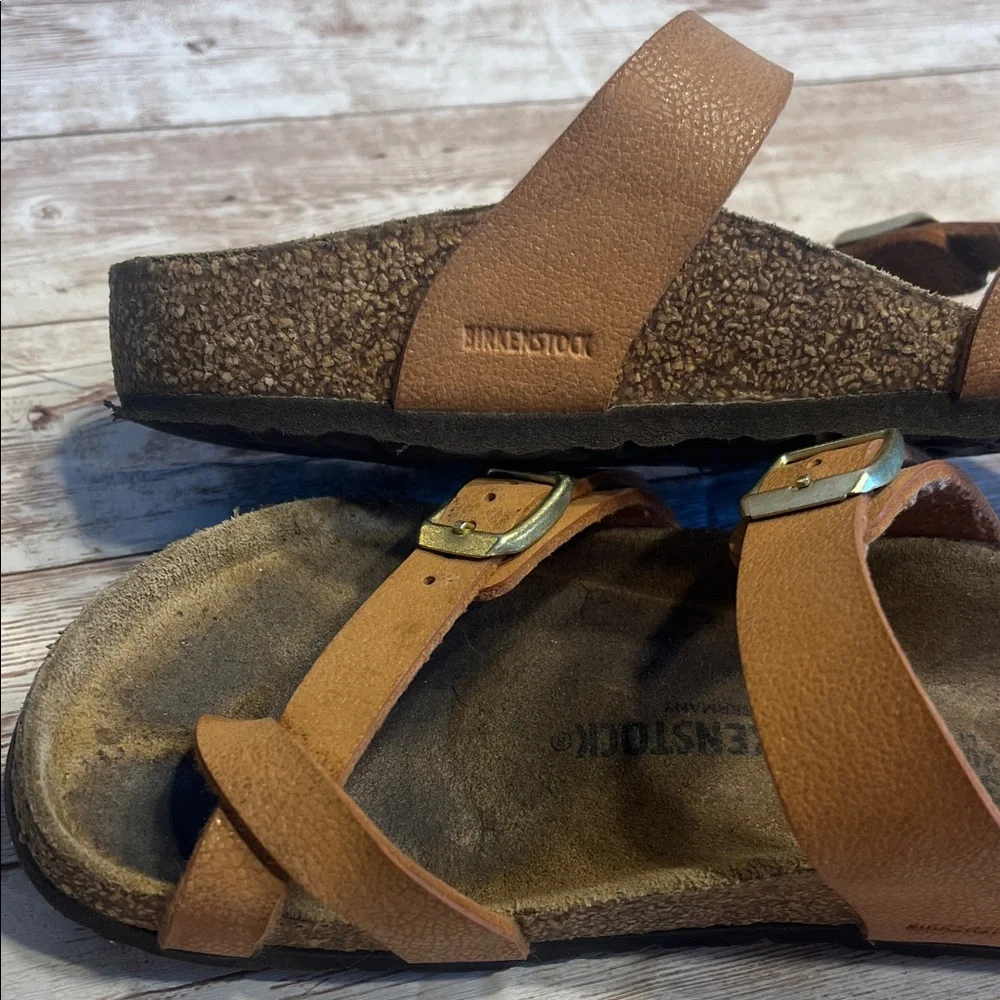Birkenstock Brown Leather Sandals with Gold Buckles